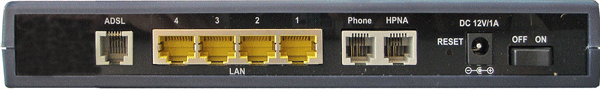 Задняя панель DYNAMIX HP- 40R - ADSL2+ маршрутизатор с Firewall и поддержкой HomePNA3 (HPNA 3.0 - передача данных по телефонному кабелю )